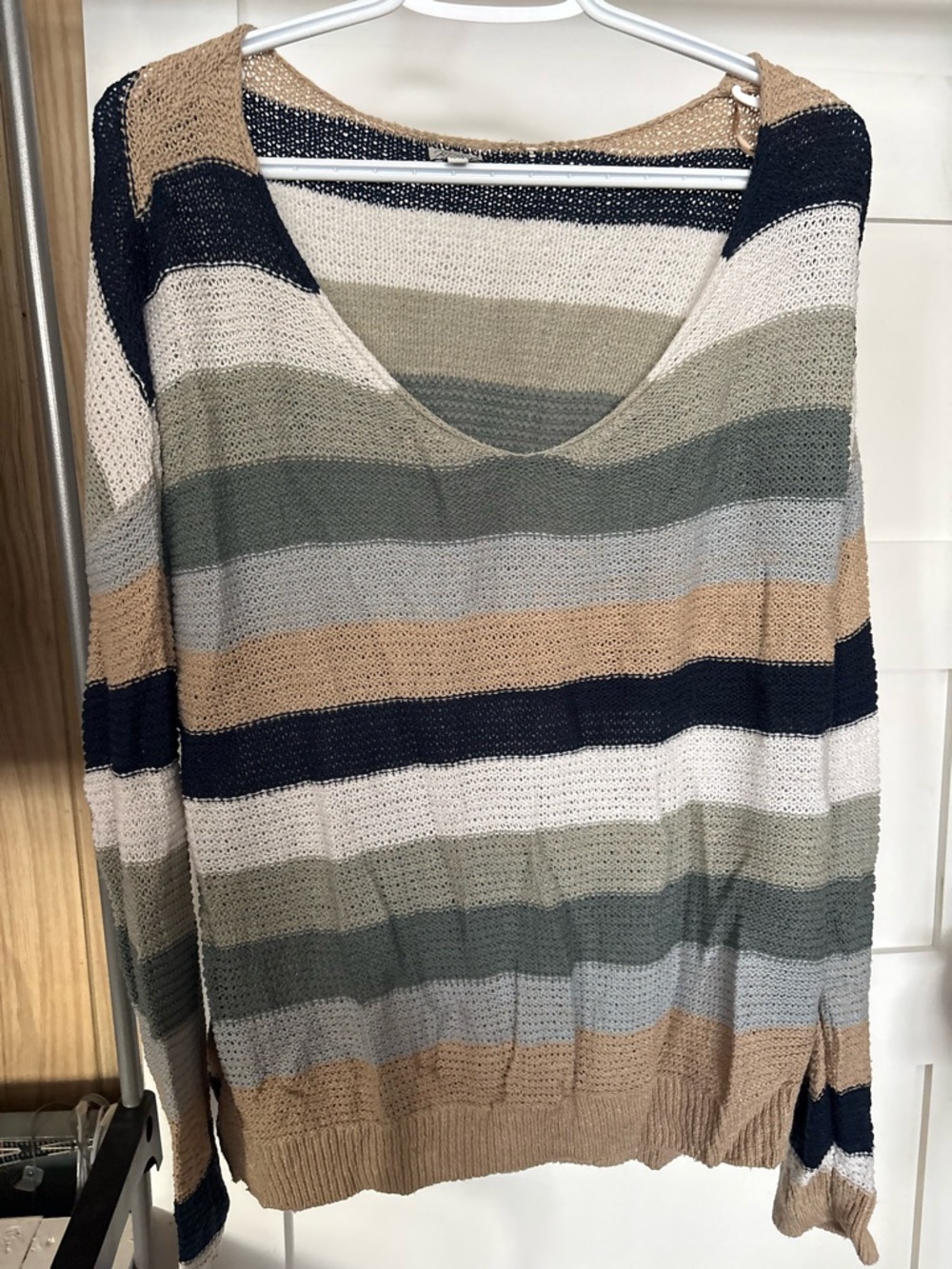 Kismet Striped V-Neck Sweater in Navy, Olive, Tan & Cream